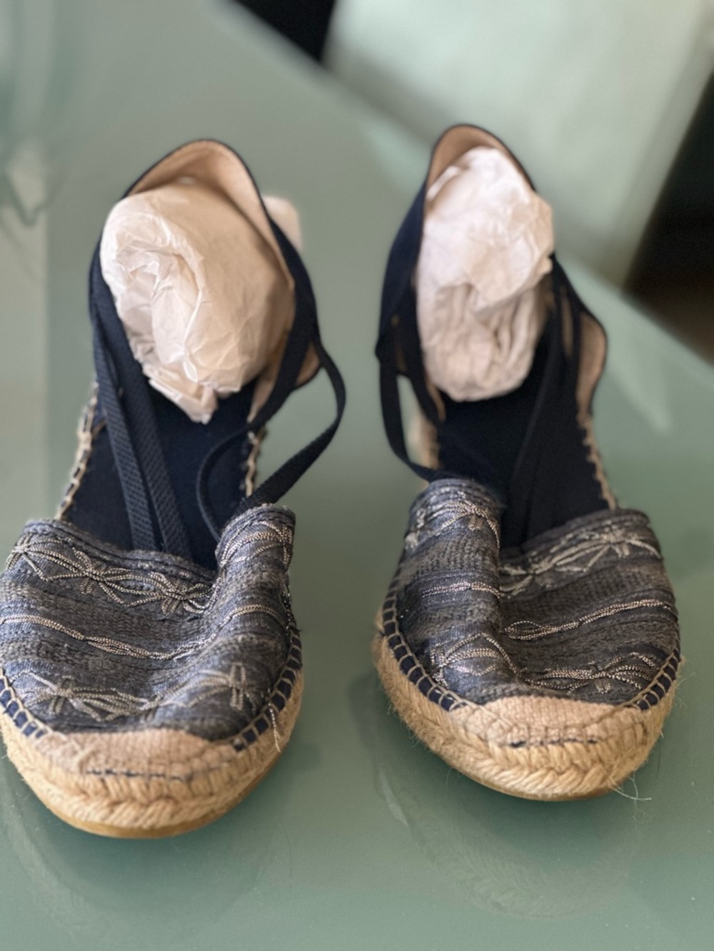 Woven Espadrille Wedge Sandals in Navy and Natural